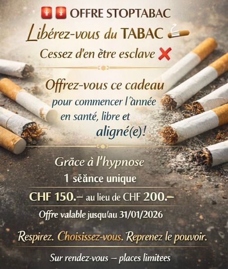 Offre Stop Tabac 
Grâce à l;Hypnose
1 séance unique
CHF 150.- au lieu de CHF 200.-